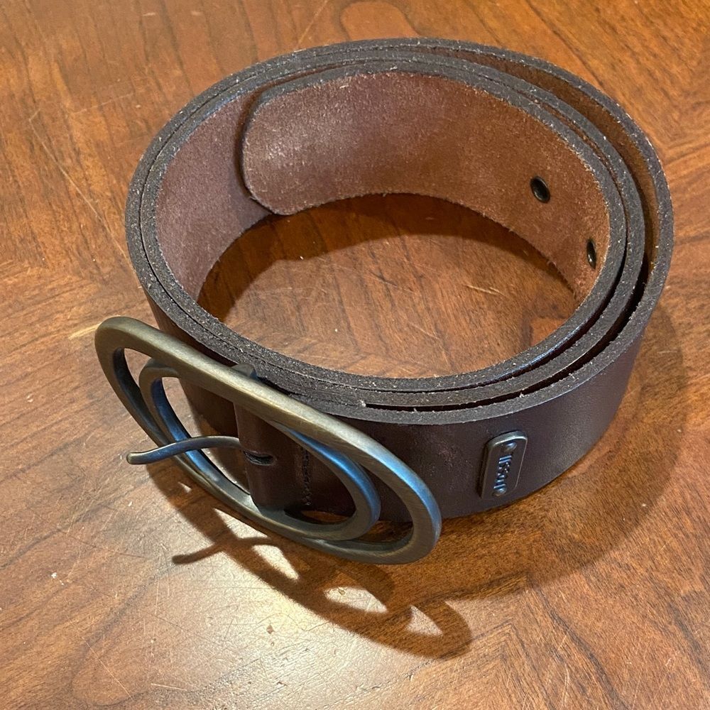 Men's or Womens Dark Brown FOSSIL Leather Belt with Matte Brass Oval Buckle